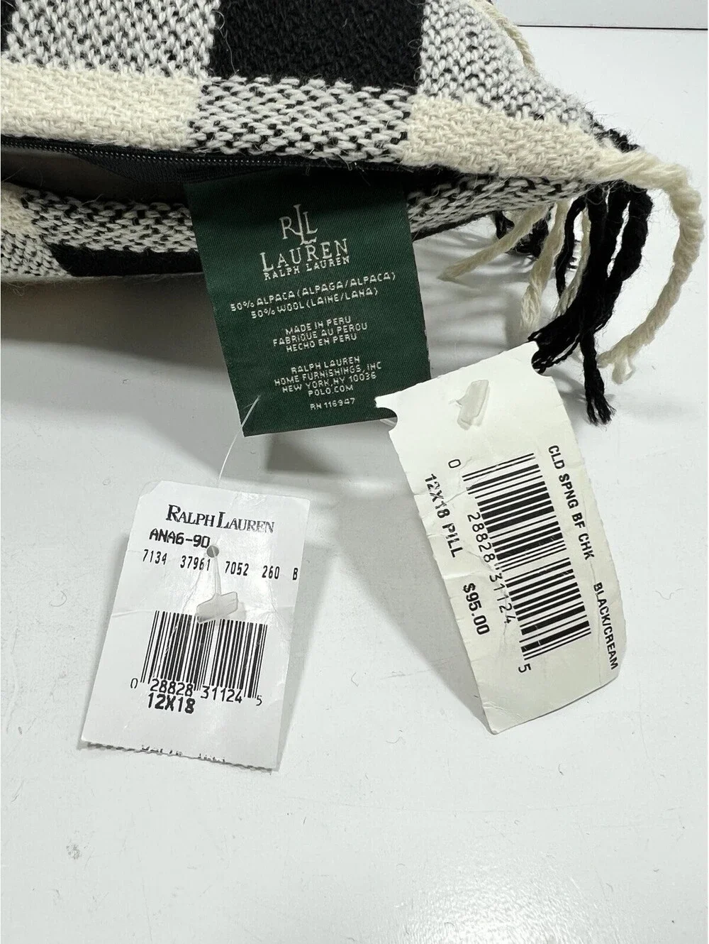 Ralph Lauren Cold Spring Alpaca Black Cream Fringed Decorative Pillow 12x18 Wool